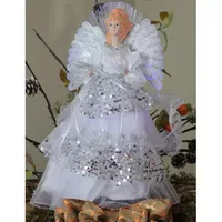 16'' White and Silver Lighted Fiber Optic Angel Sequined Gown Christmas Tree Topper