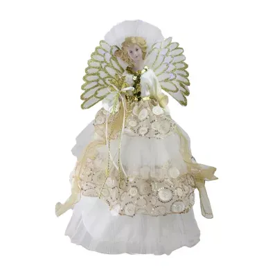 16'' White and Gold Lighted Angel Sequined Gown Christmas Tree Topper