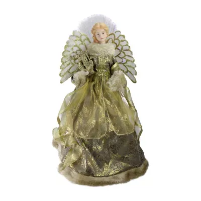 16'' Gold and Brown Lighted Angel in Gown with Harp Christmas Tree Topper