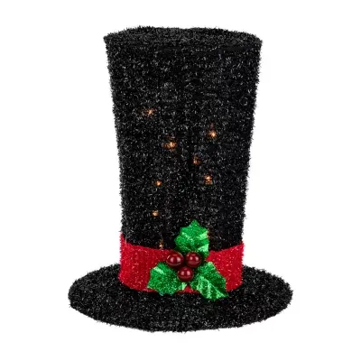 9.25'' Lighted Black Tinsel Top Hat Christmas Tree Topper  Clear Lights