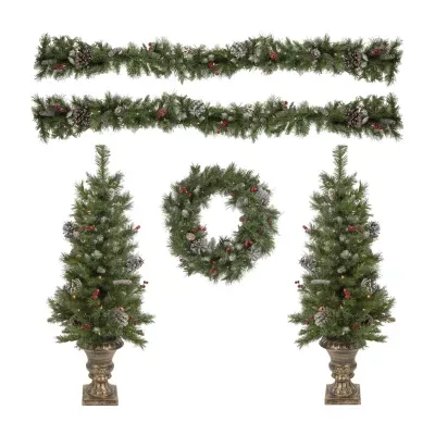 5-Piece Pre-Lit Frosted Verona Berry Pine Artificial Christmas Entryway Set