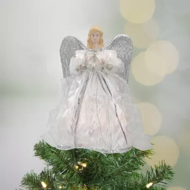 Northlight 18 inch Lighted White and Silver Angel in A Dress Christmas Tree Topper - Warm White Lights