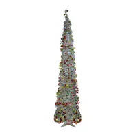 6' Pre-Lit Silver Tinsel Pop-Up Artificial Christmas Tree - Warm White LED Lights