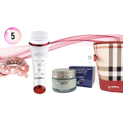 LINSAY UltraSonic Facial & Body cleansing Brush with Temperature control Bundle with le preel Paris Organic Night Time Cream USB Cable Headband and Bag