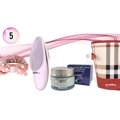LINSAY Facial Cleansing Brush with LED Photon Therapy Bundle with le preel Paris Organic Night Time Cream USB Cable Headband and Bag