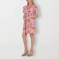 Stella Parker Womens Short Sleeve Floral A-Line Dress