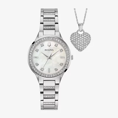 Bulova Classic Crystal Womens Crystal Accent Silver Tone Stainless Steel 2-pc. Watch Boxed Set 96x162