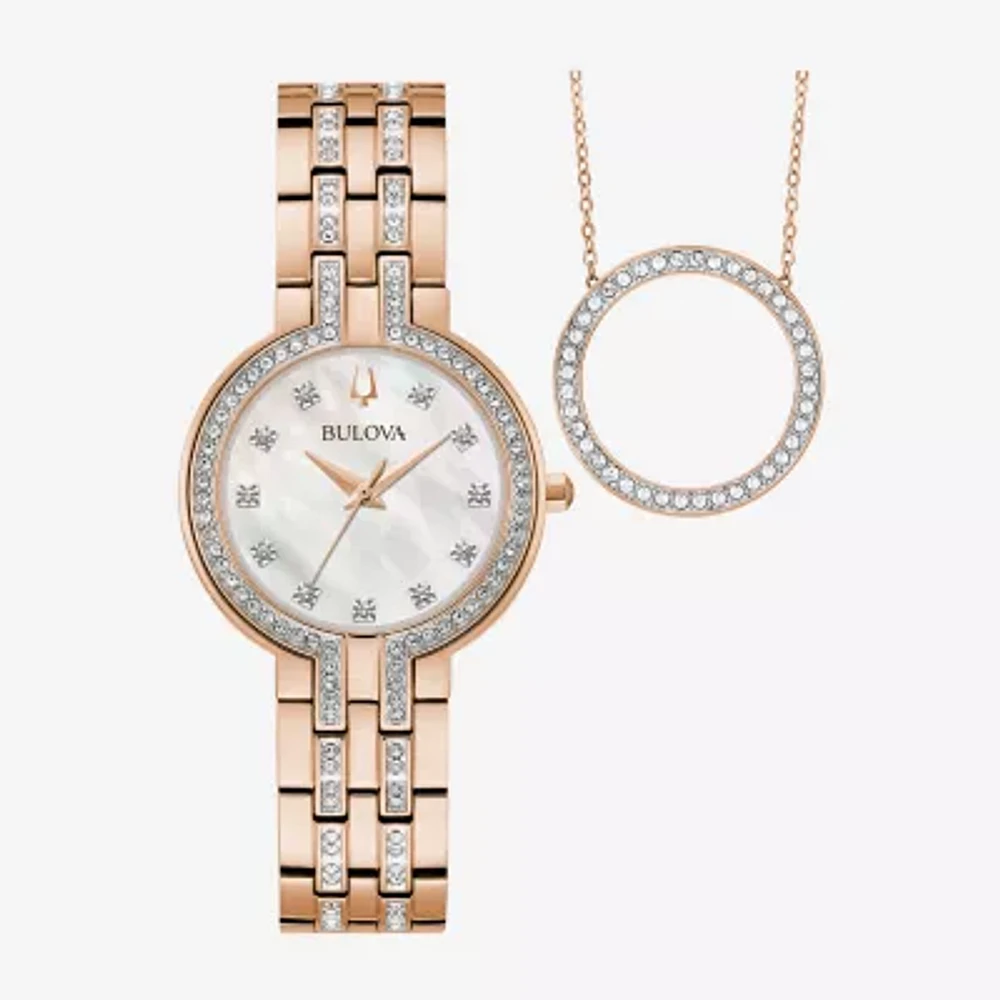 Bulova Classic Crystal Womens Crystal Accent Rose Goldtone Stainless Steel 2-pc. Watch Boxed Set 98x135