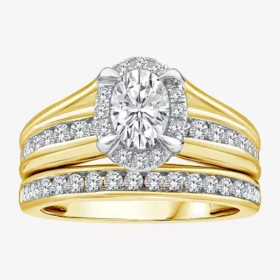 (G / Si1-Si2) Womens 1 1/2 CT. T.W. Lab Grown White Diamond 10K Gold Oval Side Stone Halo Bridal Set