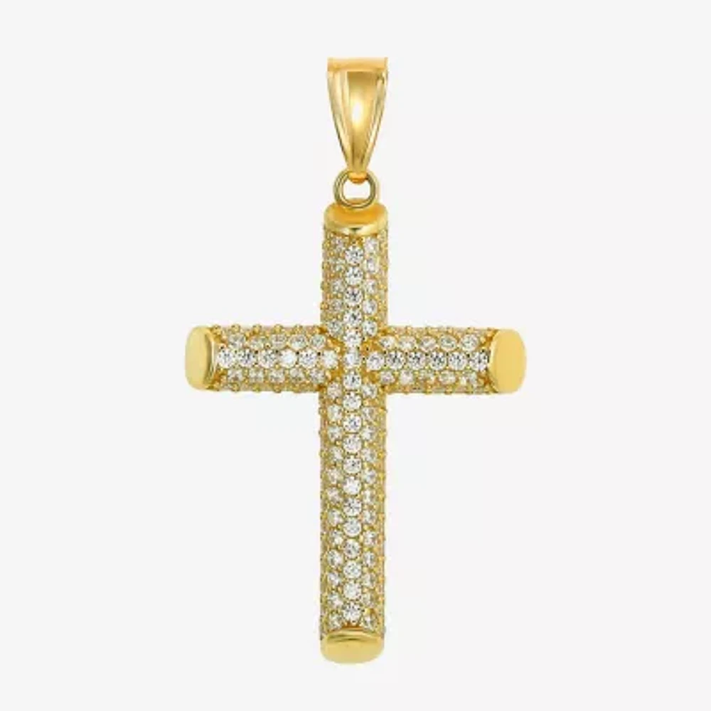 Mens White Cubic Zirconia 14K Gold Cross Pendant