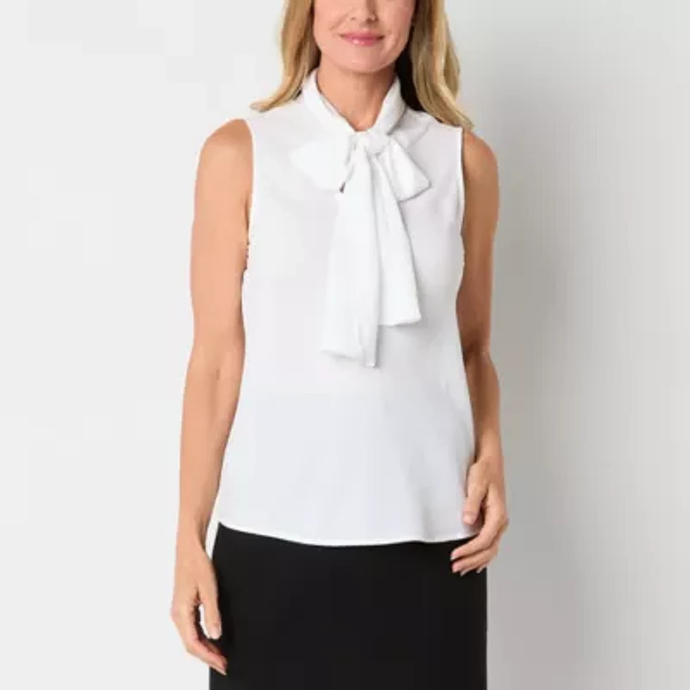 Black Label by Evan-Picone Womens Split Tie Neck Sleeveless Blouse