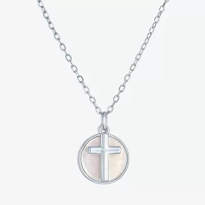 Womens White Mother Of Pearl Sterling Silver Cross Round Pendant Necklace