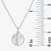 Womens White Mother Of Pearl Sterling Silver Cross Round Pendant Necklace