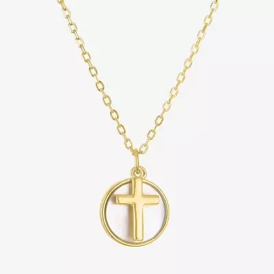 Womens White Mother Of Pearl 14K Gold Over Silver Cross Round Pendant Necklace