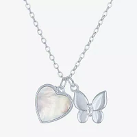 Womens White Mother Of Pearl Sterling Silver Butterfly Heart Pendant Necklace