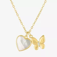 Womens White Mother Of Pearl 14K Gold Over Silver Butterfly Heart Pendant Necklace