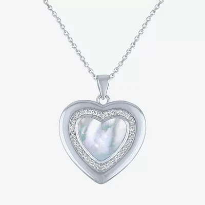 Womens White Mother Of Pearl Sterling Silver Heart Pendant Necklace