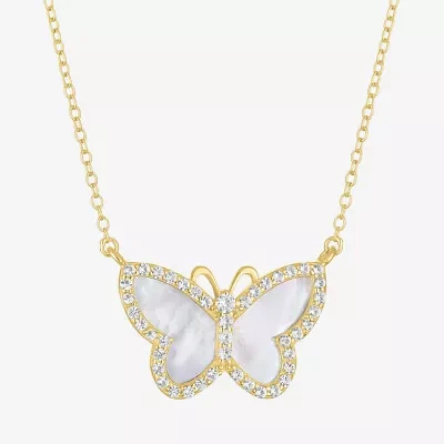 Womens White Mother Of Pearl 14K Gold Over Silver Butterfly Pendant Necklace