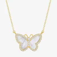 Womens White Mother Of Pearl 14K Gold Over Silver Butterfly Pendant Necklace