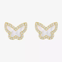 White Mother Of Pearl 14K Gold Over Silver 9mm Butterfly Stud Earrings