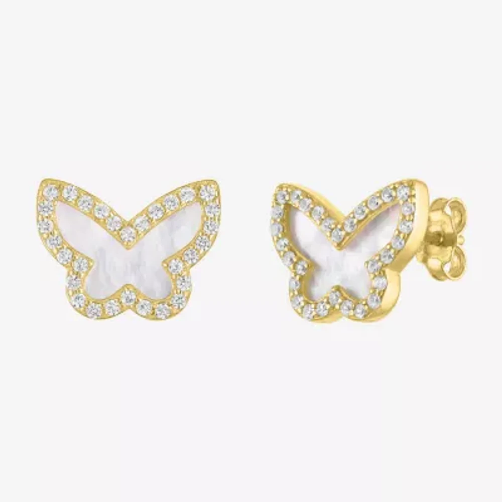 White Mother Of Pearl 14K Gold Over Silver 9mm Butterfly Stud Earrings