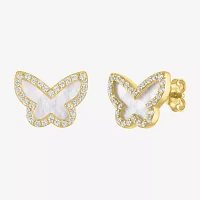 White Mother Of Pearl 14K Gold Over Silver 9mm Butterfly Stud Earrings