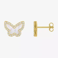 White Mother Of Pearl 14K Gold Over Silver 9mm Butterfly Stud Earrings