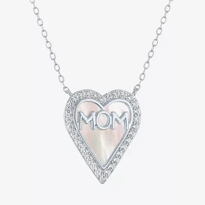 "Mom" Womens White Mother Of Pearl Sterling Silver Heart Pendant Necklace