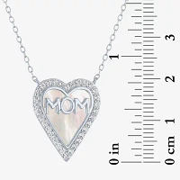 "Mom" Womens White Mother Of Pearl Sterling Silver Heart Pendant Necklace