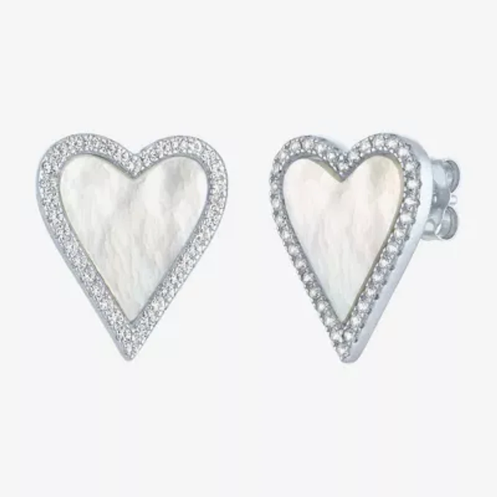 White Mother Of Pearl Sterling Silver 15mm Heart Stud Earrings