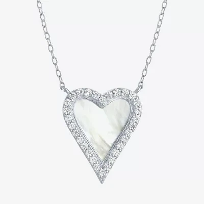 Womens White Mother Of Pearl Sterling Silver Heart Pendant Necklace