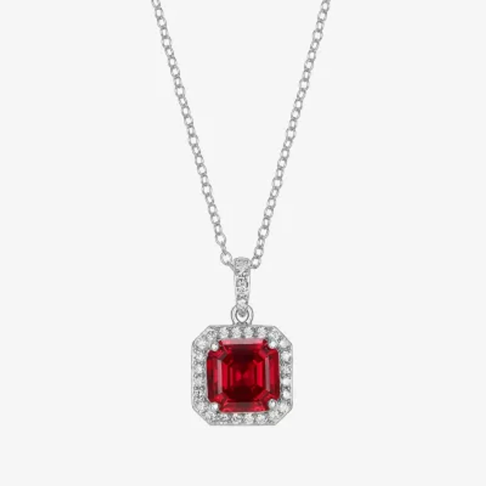 Womens Lab Created Red Ruby Sterling Silver Cushion Pendant Necklace