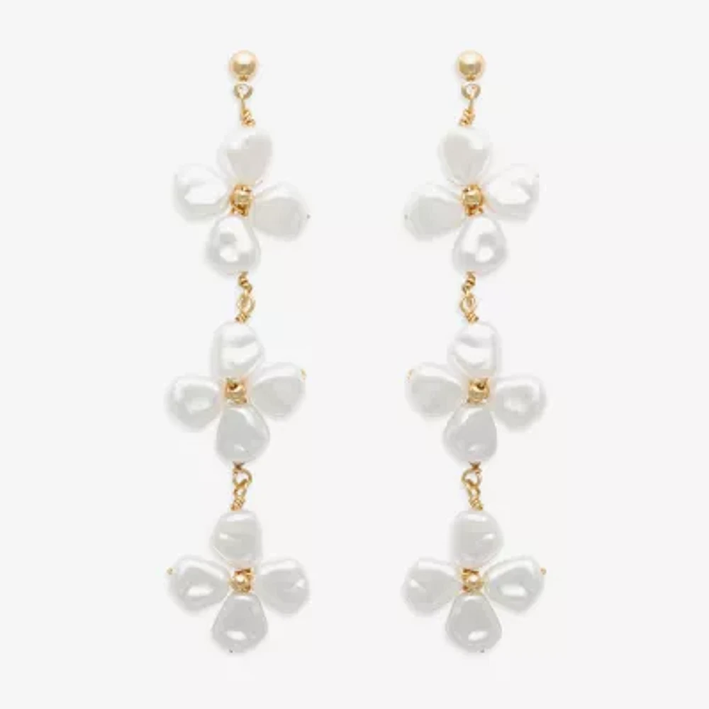 Bijoux Bar Gold Tone Womens Simulated Pearl Flower Drop Earrings
