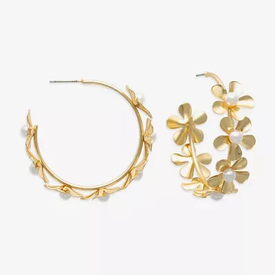 Bijoux Bar Gold Tone Simulated Pearl Flower Hoop Earrings