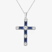 Womens Diamond Accent Lab Created Gemstone 10K White Gold Cross Pendant Necklace