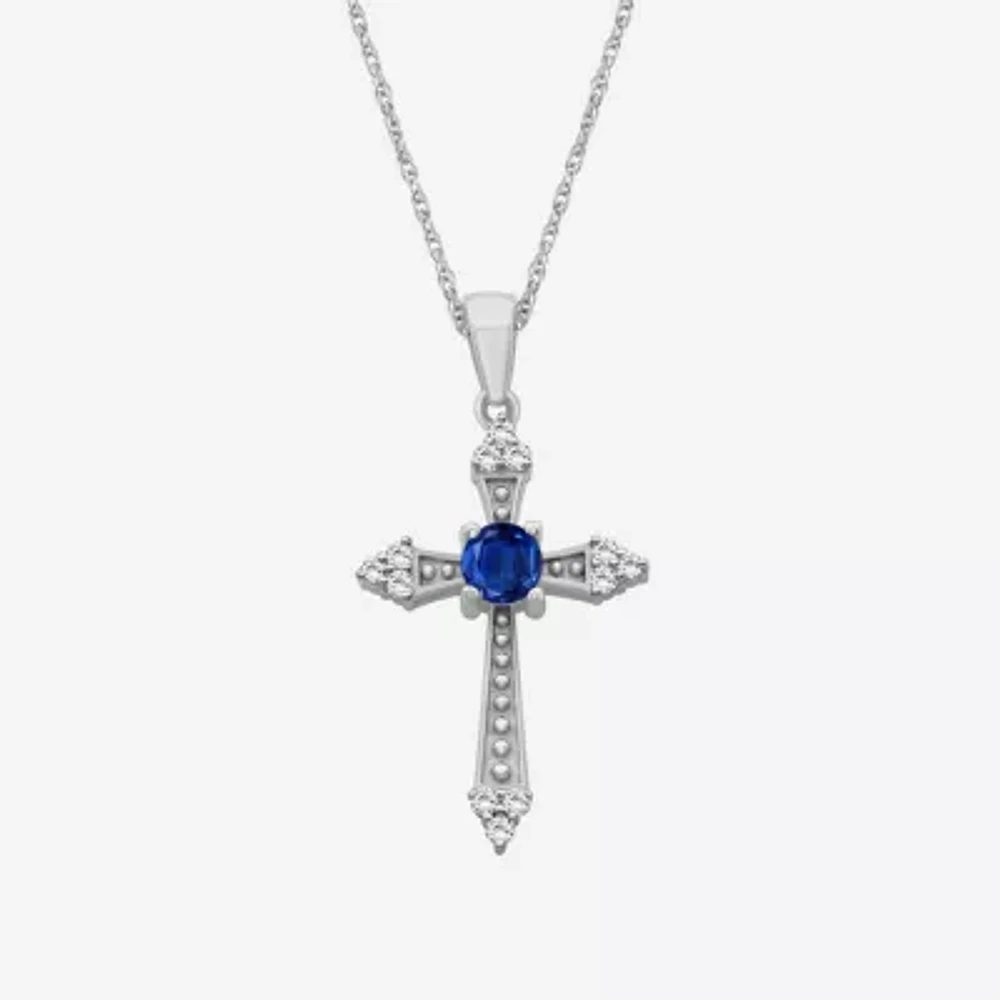 Womens Diamond Accent Genuine Blue Sapphire 10K White Gold Cross Pendant Necklace