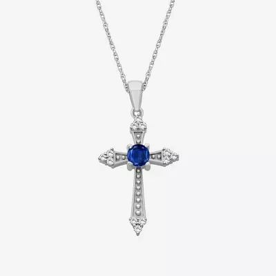 Womens Diamond Accent Genuine Blue Sapphire 10K White Gold Cross Pendant Necklace