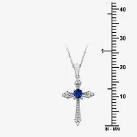 Womens Diamond Accent Genuine Blue Sapphire 10K White Gold Cross Pendant Necklace