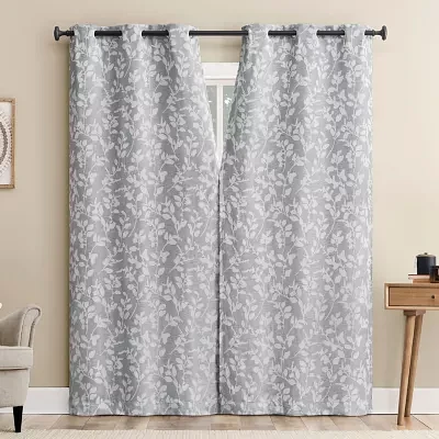 Sun Zero Glynn Gaia Woven Floral Magnetic Closure Energy Saving 100% Blackout Grommet Top Set of 2 Curtain Panel