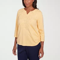 Alfred Dunner Block Island Womens Split Crew Neck 3/4 Sleeve T-Shirt