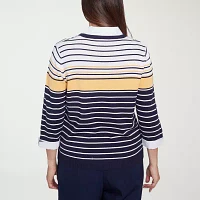 Alfred Dunner Block Island Womens 3/4 Sleeve Striped Layered Sweaters