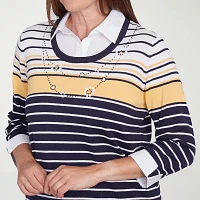 Alfred Dunner Block Island Womens 3/4 Sleeve Striped Layered Sweaters