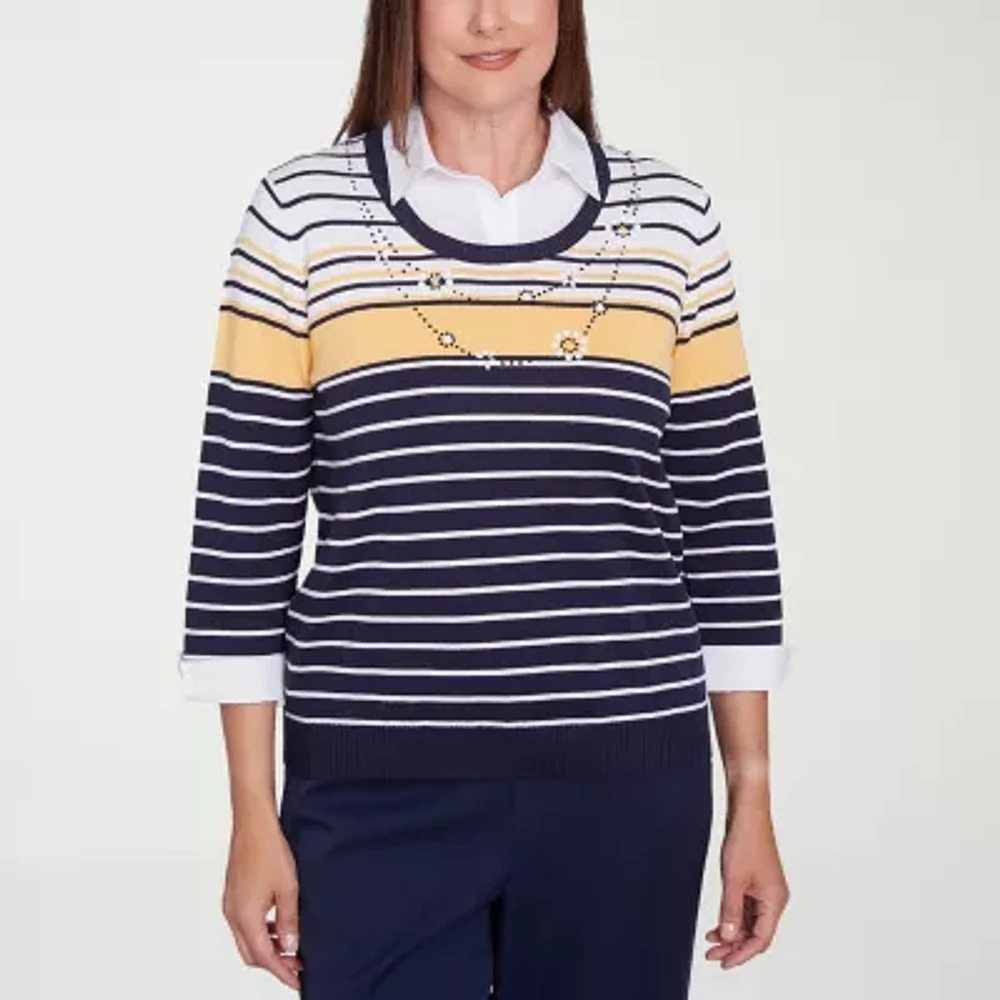 Alfred Dunner Block Island Womens 3/4 Sleeve Striped Layered Sweaters