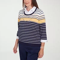 Alfred Dunner Block Island Womens 3/4 Sleeve Striped Layered Sweaters