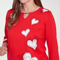 Alfred Dunner Wild At Heart Womens Split Crew Neck 3/4 Sleeve Hearts Pullover Sweater