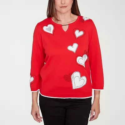 Alfred Dunner Wild At Heart Womens Split Crew Neck 3/4 Sleeve Hearts Pullover Sweater