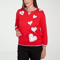 Alfred Dunner Wild At Heart Womens Split Crew Neck 3/4 Sleeve Hearts Pullover Sweater