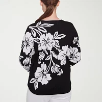 Alfred Dunner Wild At Heart Womens Crew Neck 3/4 Sleeve Floral Pullover Sweater