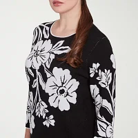 Alfred Dunner Wild At Heart Womens Crew Neck 3/4 Sleeve Floral Pullover Sweater