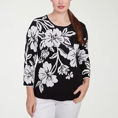 Alfred Dunner Wild At Heart Womens Crew Neck 3/4 Sleeve Floral Pullover Sweater